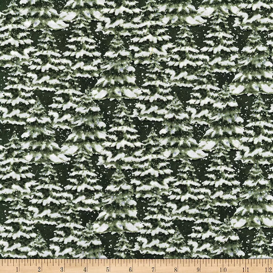 Winter Forest Trees Snow covered Green Susan Winget Wilmington Prints Cotton Fabric