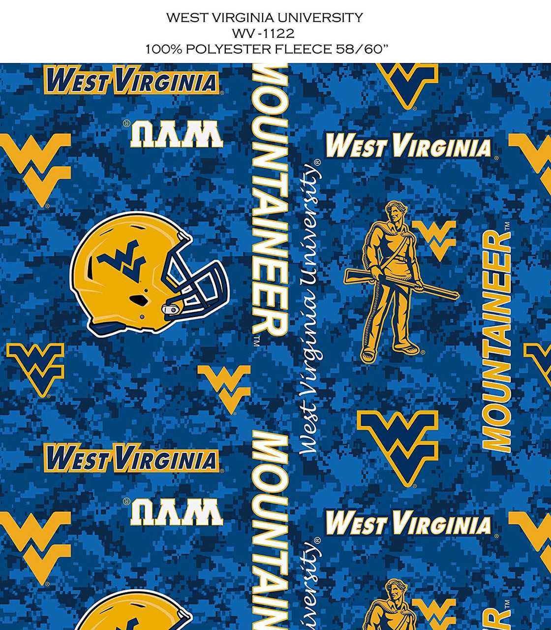 West Virginia Mountaineers NCAA College Digital Camo Sykel Enterprises Polyester Fleece Fabric WV-1122