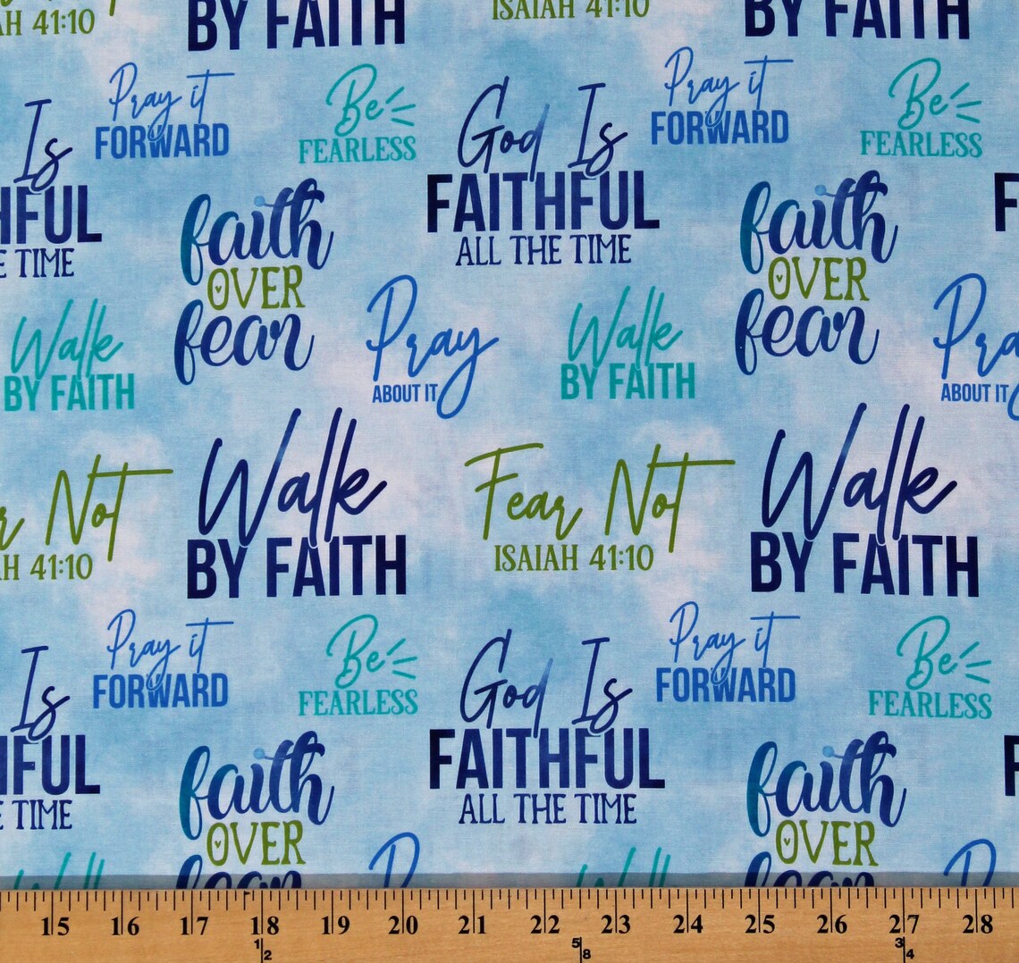 Walk by Faith Bible Verses Words Quotes Scriptures Light Blue David Textiles Cotton Fabric