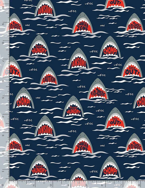 Walk the Plank! Scary Sharks Navy Blue Timeless Treasures Cotton Fabric