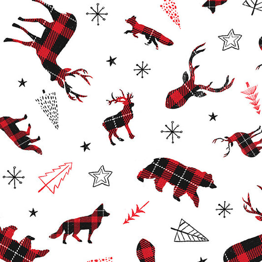 Warm Winter Wishes Plaid Forest Animals White Red Lucie Crovatto Studio E Cotton Fabric SE-5869-8