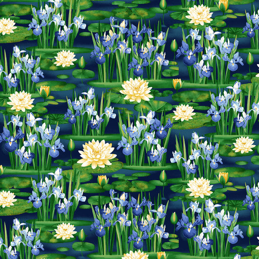 Water Lily Magic Dragonfly and Iris Indigo Jan Mott Henry Glass Cotton Fabric