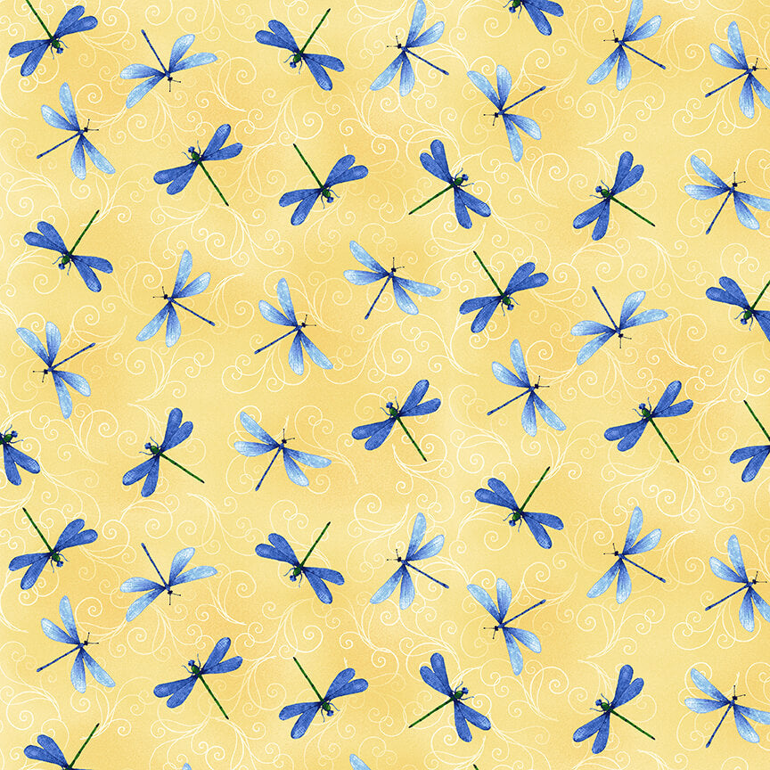 Water Lily Magic Dragonfly and Swirl Toss Yellow Jan Mott Henry Glass Cotton Fabric