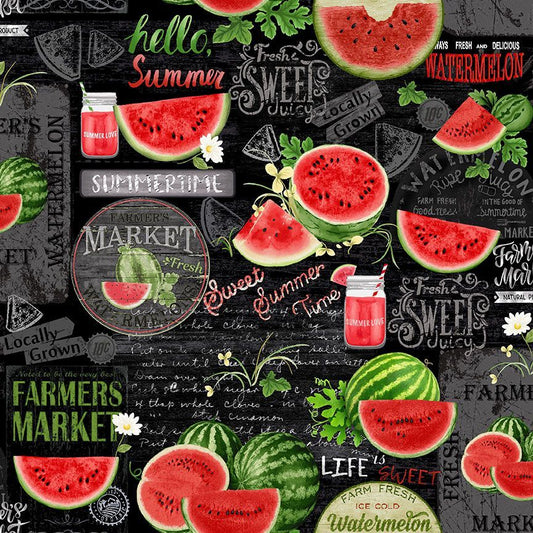 Watermelon Party Watermelon Chalkboard Black Timeless Treasures Cotton Fabric