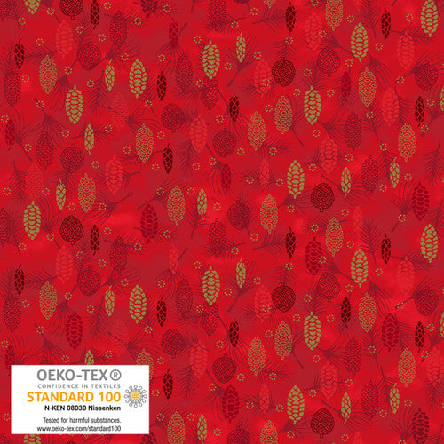 We love Christmas Pinecones w/ Metallic Berry Gold STOF Blank Quilting Cotton Fabric BQ-4592M-412