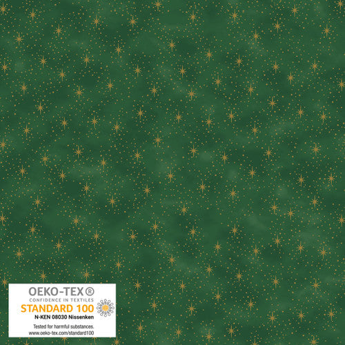 We love Christmas Stars w/ Metallic Green Gold STOF Blank Quilting Cotton Fabric BQ-4592M-801