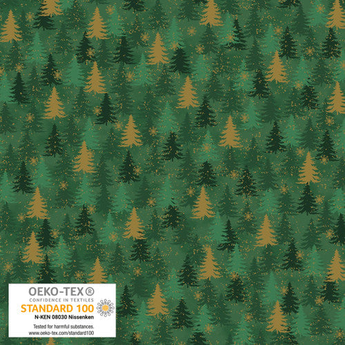 We love Christmas Trees w/ Metallic Green Gold STOF Blank Quilting Cotton Fabric BQ-4592M-802