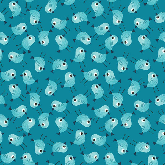 Welcome To Our Neighborhood Little Birds Teal Mel Rowlands Studio E Cotton Fabric
