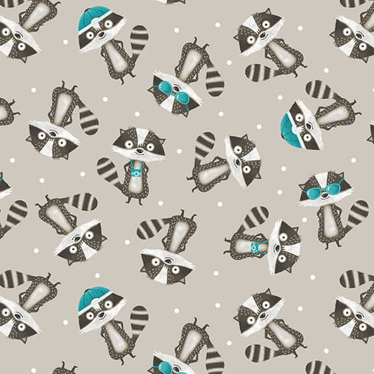 Welcome To Our Neighborhood Raccoons Gray Mel Rowlands Studio E Cotton Fabric