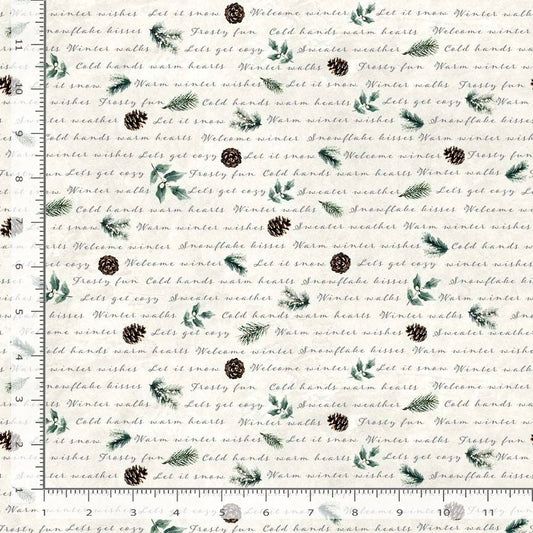 Welcome Winter Script Acorns Ivory Katie Hennagir Timeless Treasures Cotton Fabric TT-KATIE-CD4265-IVORY