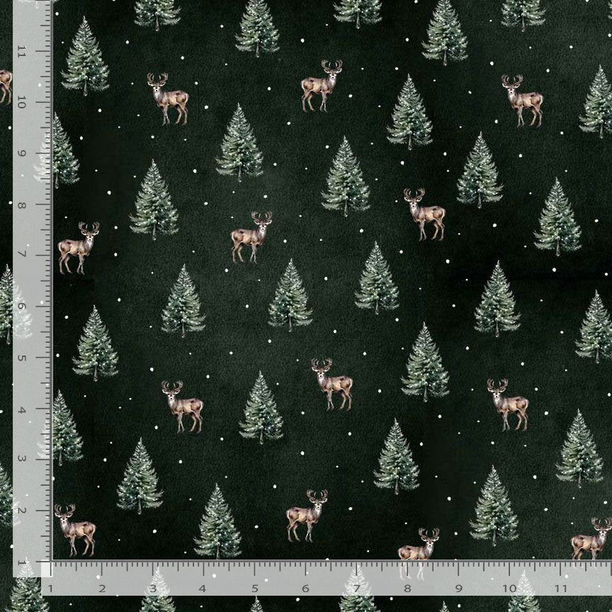 Welcome Winter Tossed Deers Evergreen Trees Pine Green Katie Hennagir Timeless Treasures Cotton Fabric TT-KATIE-CD4261-PINE
