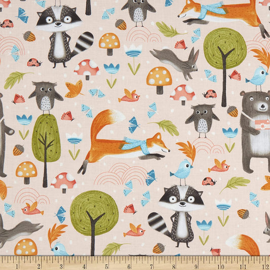 Welcome to Our Neighborwood Neighborwood Animal Trees Scenic Pink Mel Rowlands Studio E Cotton Fabric