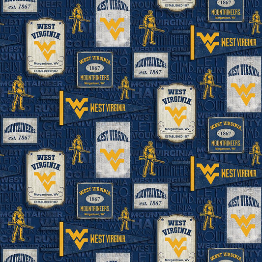 West Virginia Mountaineers NCAA College Vintage Pennant Sykel Cotton Fabric