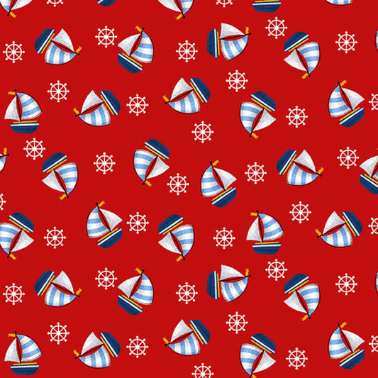 Whale of a Time Nautical Tossed Sailboats Red Sarah Prosser Studio E Cotton Fabric