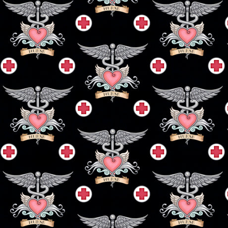 What The Doctor Ordered Nurse Tattoo Black Dan Morris Quilting Treasures Cotton Fabric