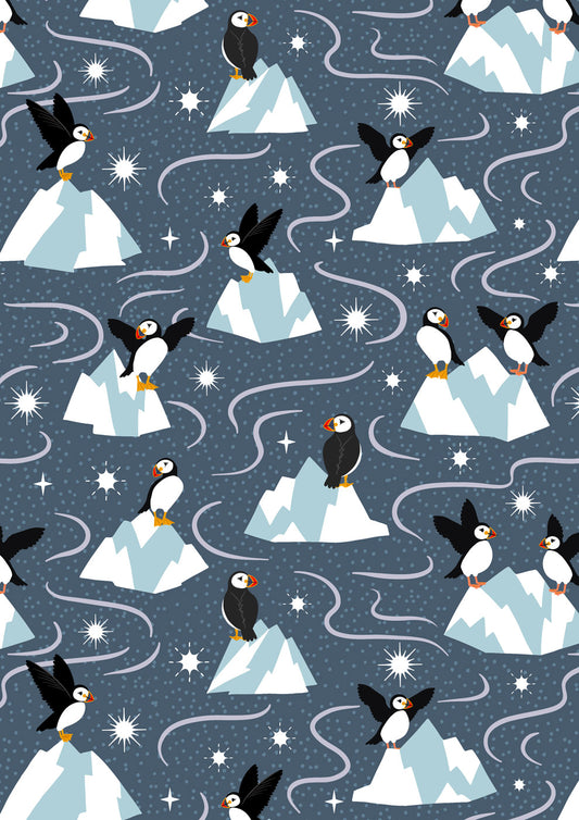 Where the Sky Dances Puffin Dark Blue Pearl Lewis and Irene Cotton Fabric LI-L65C