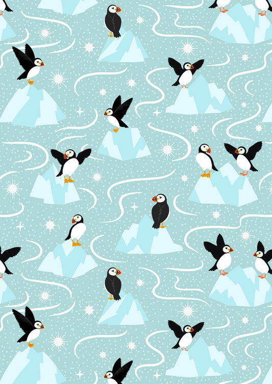 Where the Sky Dances Puffin Ice Blue Pearl Lewis and Irene Cotton Fabric LI-L65A