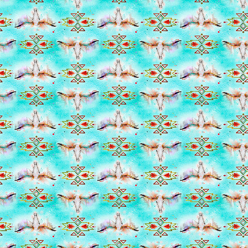 Whimsical West Longhorn Skulls Turquoise Connie Haley 3 Wishes Cotton Fabric