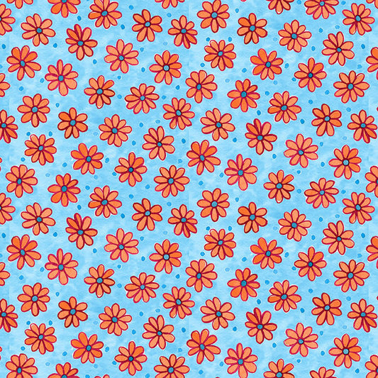 Whimsy Daisical II Tossed Daisies and Dots Blue Keri Schneider Blank Quilting Cotton Fabric