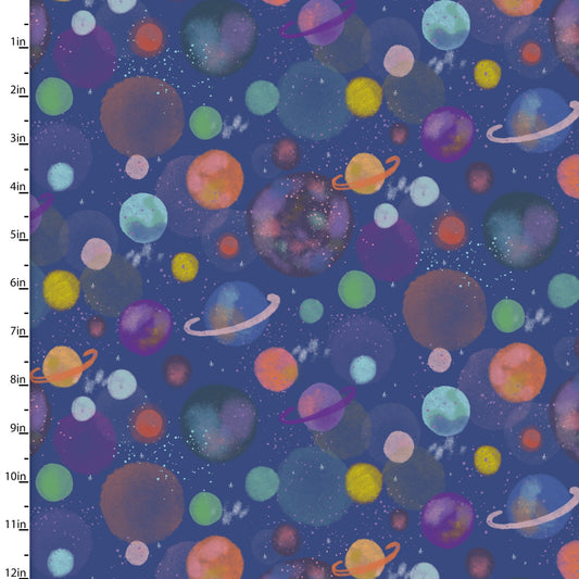 Whirl, Whiz, Zip & Rip Colorful Planets Blue Lisa Perry 3 Wishes Cotton Fabric