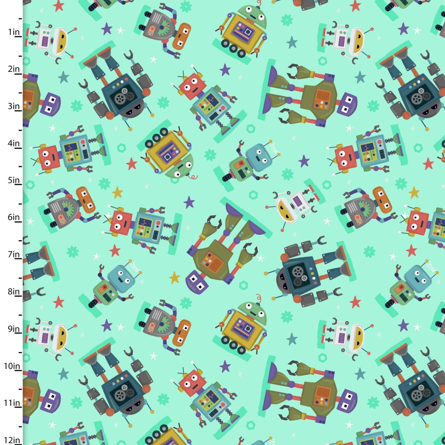 Whirl, Whiz, Zip & Rip Robot Toss Turquoise Lisa Perry 3 Wishes Cotton Fabric