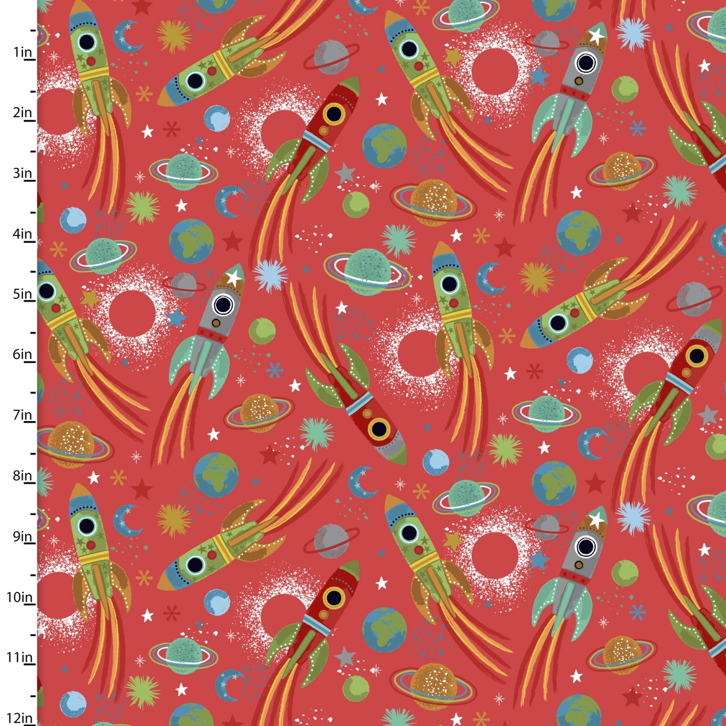 Whirl, Whiz, Zip & Rip Rocket Rotation Red Lisa Perry 3 Wishes Cotton Fabric