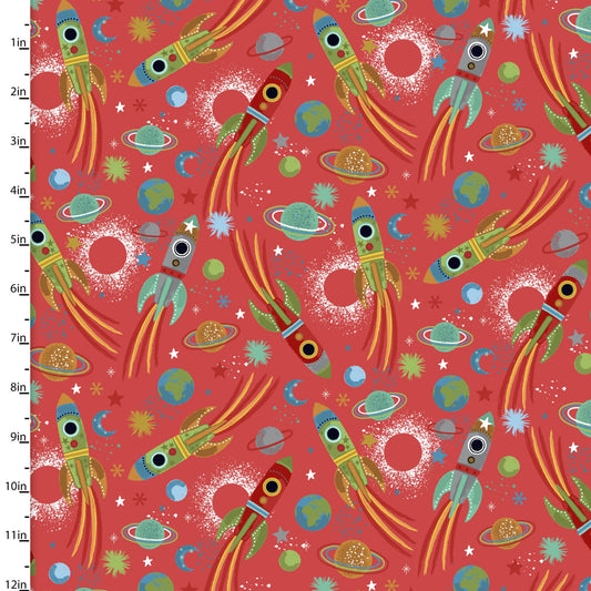 Whirl, Whiz, Zip & Rip Rocket Rotation Red Lisa Perry 3 Wishes Cotton Fabric