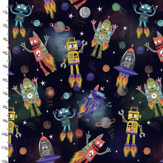 Whirl, Whiz, Zip & Rip Space Bots Black Lisa Perry 3 Wishes Cotton Fabric