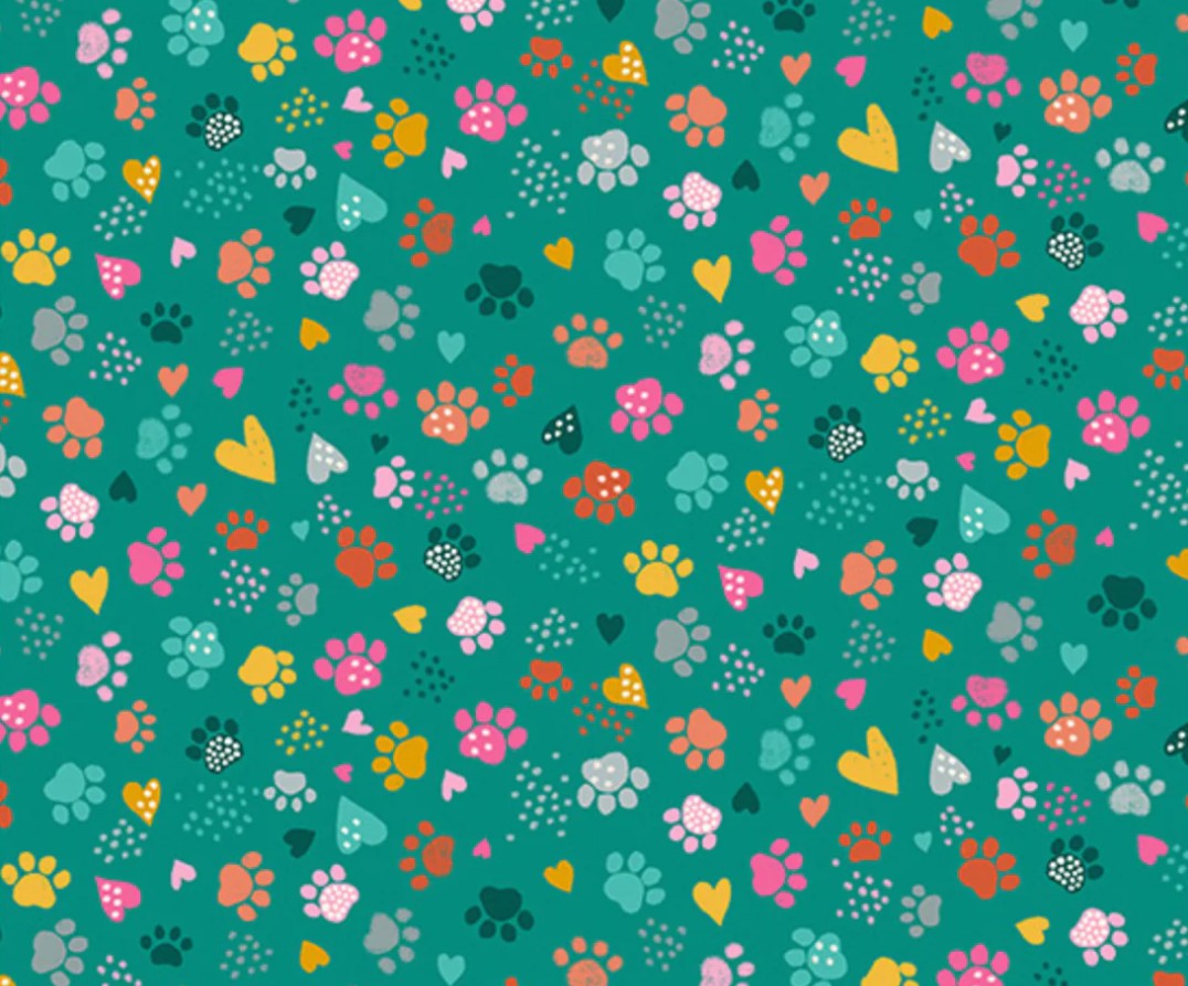 Whiskers Cat Paws Teal Makower UK Andover Fabrics Cotton Fabric AF-MU-010-T