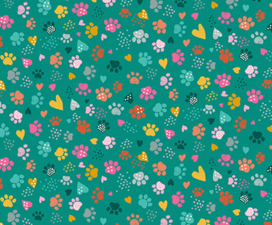 Whiskers Cat Paws Teal Makower UK Andover Fabrics Cotton Fabric AF-MU-010-T