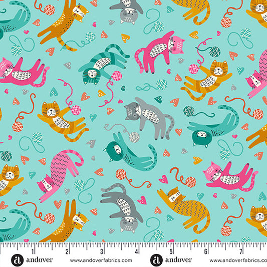 Whiskers Playful Tossed Cats Teal Makower UK Andover Fabrics Cotton Fabric AF-MU-008-T