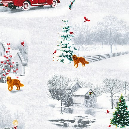 White Christmas Barn Dog Running Snow Michael Shelton Robert Kaufman Cotton Fabric