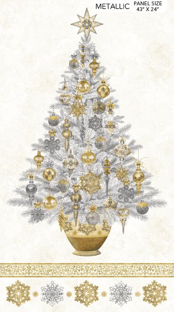 White Christmas Stonehenge Metallic Christmas Tree Panel 24" Linda Ludovico Northcott Cotton Fabric