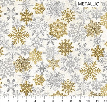 White Christmas Stonehenge Snowflakes Neutral Cream Gold Silver Metallic Linda Ludovico Northcott Cotton Fabric