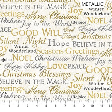 White Christmas Stonehenge Words Neutral Cream Gold Metallic Linda Ludovico Northcott Cotton Fabric