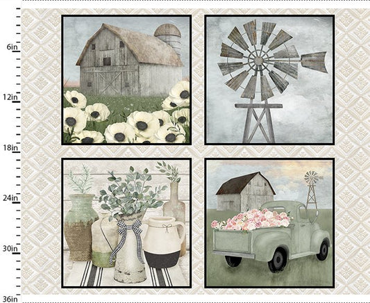 White Cottage Farm Countryside Panel 36" Multi Beth Albert 3 Wishes Fabrics Cotton Fabric