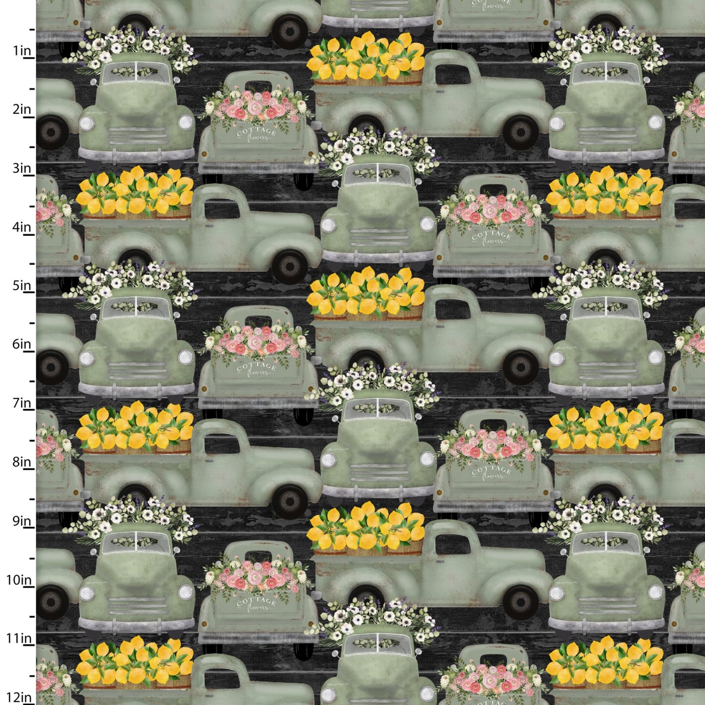 White Cottage Farm Fresh Trucks Charcoal Beth Albert 3 Wishes Cotton Fabric