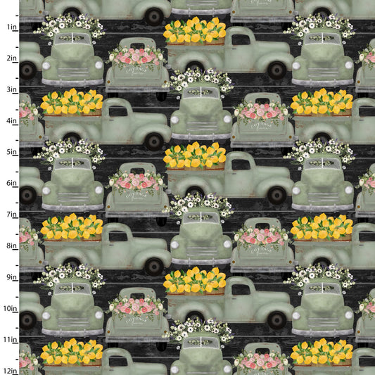 White Cottage Farm Fresh Trucks Charcoal Beth Albert 3 Wishes Cotton Fabric