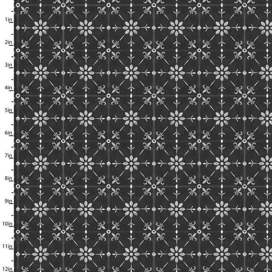 White Cottage Farm Vintage Tile Charcoal Beth Albert 3 Wishes Cotton Fabric