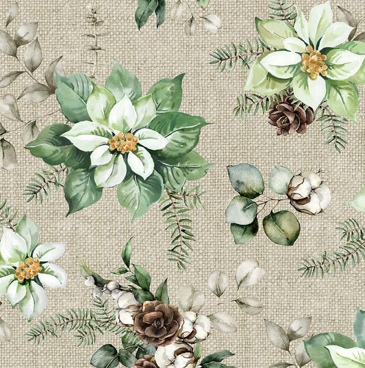 White Linen Christmas Open Poinsettia Beige Multi Northcott Cotton Fabric