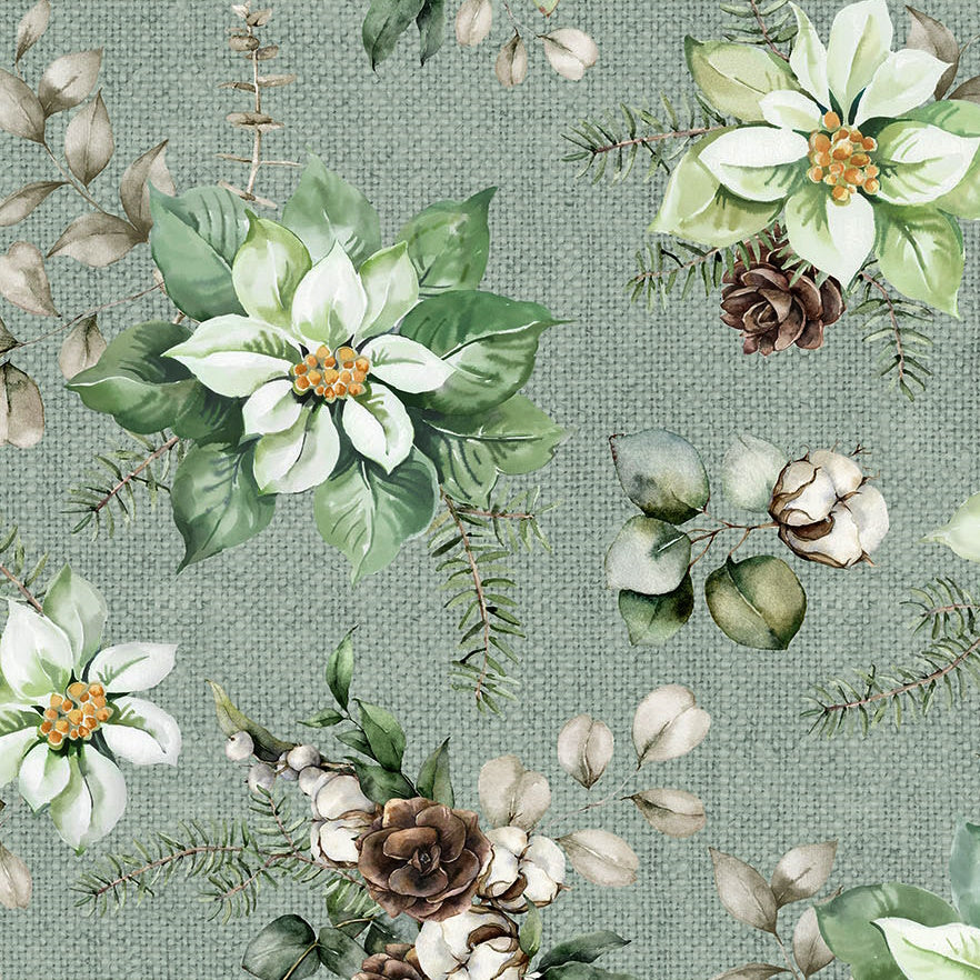 White Linen Christmas Open Poinsettia Seafoam Green Northcott Cotton Fabric