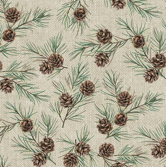 White Linen Christmas Pine Cones Beige Multi Northcott Cotton Fabric