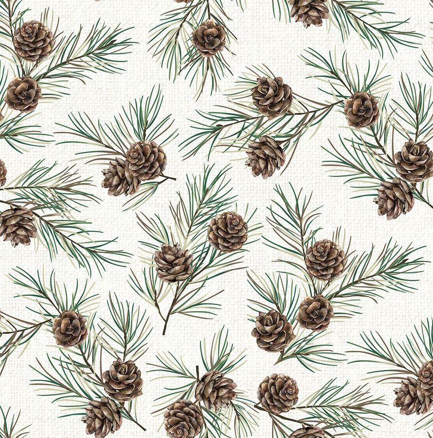 White Linen Christmas Pine Cones Off White Multi Northcott Cotton Fabric