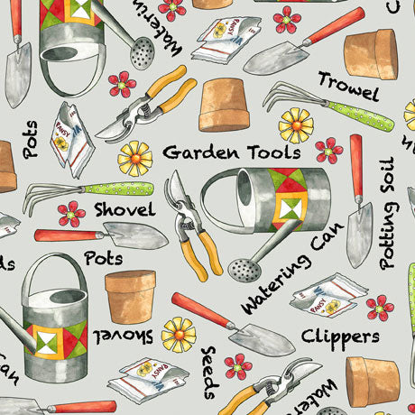 Who Let the Hogs Out Garden Tools Gray Desiree’s Designs Quilting Treasures Fabrics Cotton Fabric