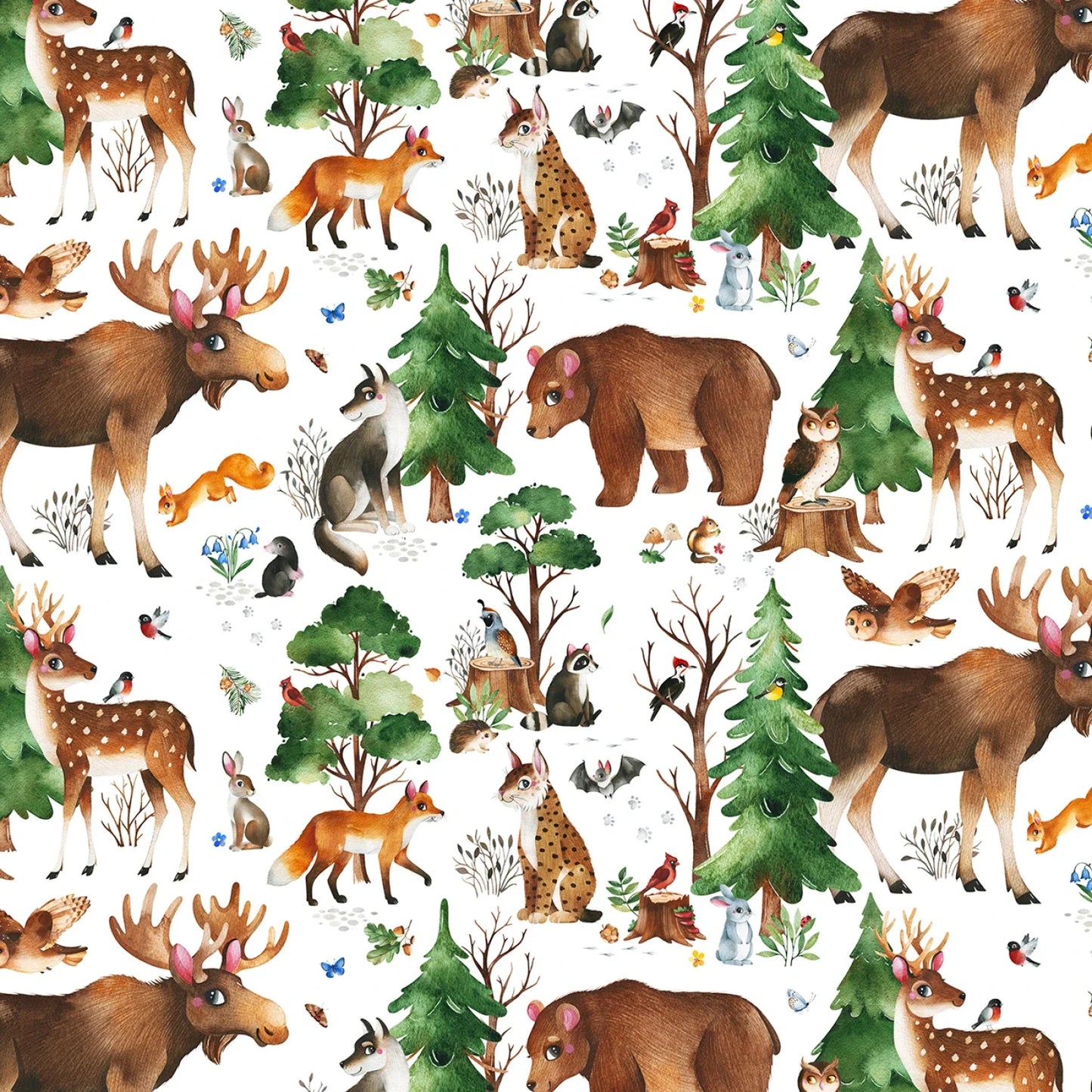 Who Live in the Woods Woodland Animals White Elizabeth's Studio Cotton Fabric ES-724-WHITE