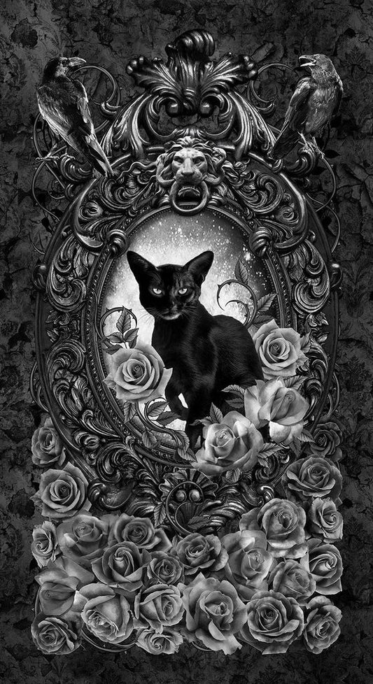 Wicked Cat Floral Portrait Panel 24” Black Timeless Treasures Cotton Fabric