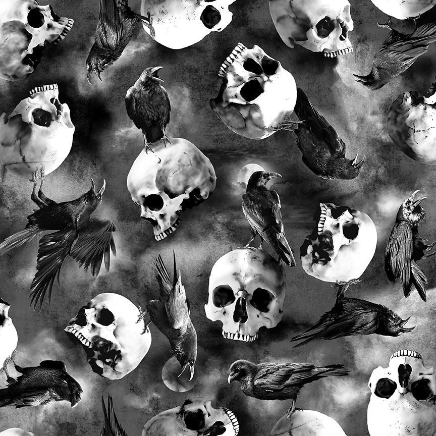 Wicked Ravens Skulls Grey Timeless Treasures Cotton Fabric