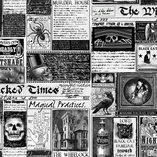 Wicked Halloween Time Newspaper White Timeless Treasures Cotton Fabric