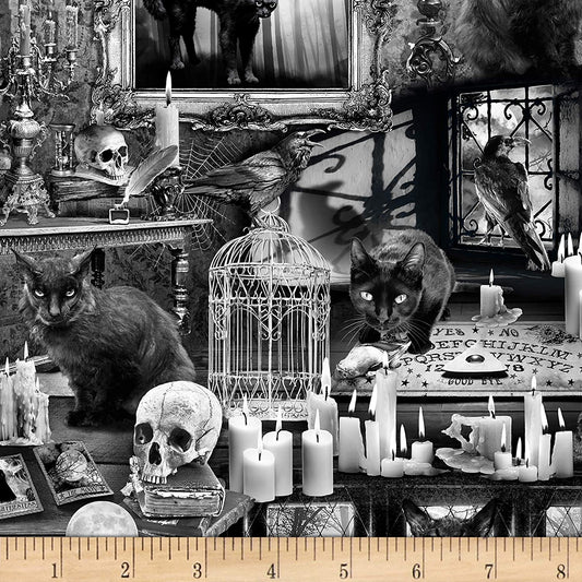 Wicked fog cats haunted houses on black Timeless Treasures Cotton Fabric