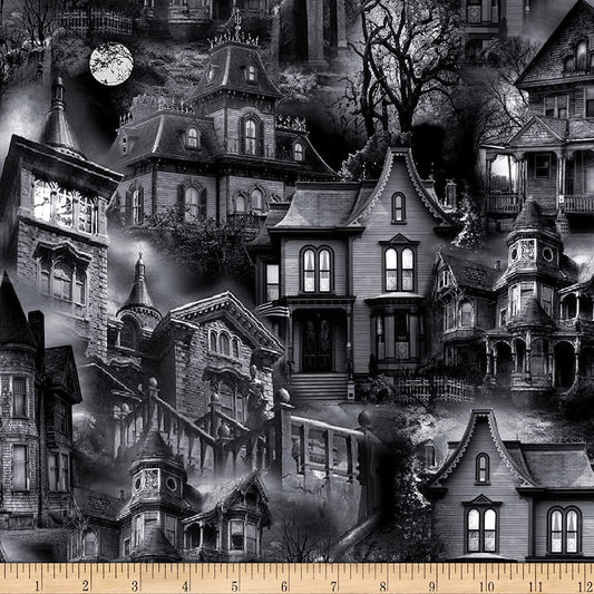 Wicked Eve Haunted Houses Halloween Black Timeless Treasures Cotton Fabric